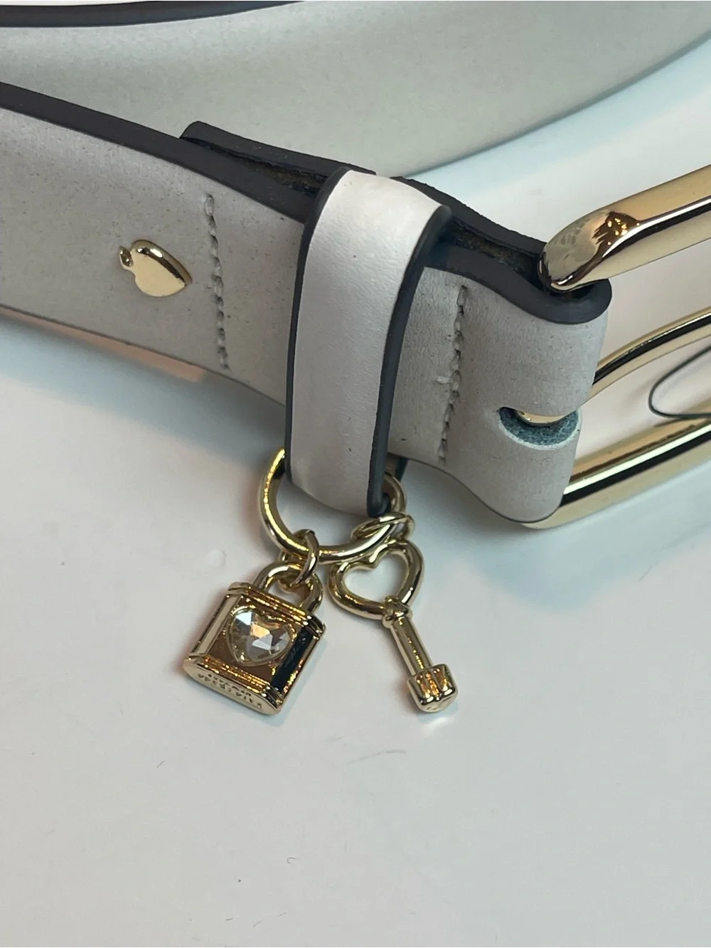 NWT Kate Spade New York Genuine Leather Belt with Lock and Key Charm Sz L Cream
